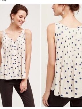 Anthropologie Maeve Soana Swing pleated ivory/blue polka dot tank size 6